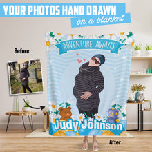 Load image into Gallery viewer, Adventure Awaits Personalized Photo Blanket Theme Baby Shower
