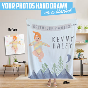 Custom drawn throw blanket Adventure Awaits Baby